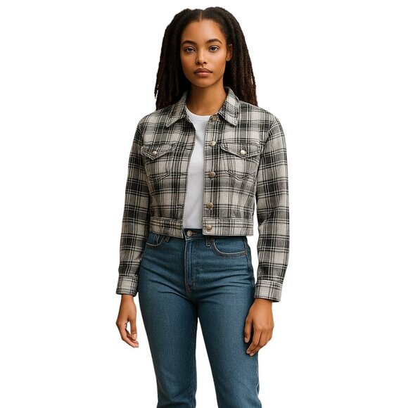 ASOS Black & White Plaid Denim Jacket Size US 8 / UK 12 | Cropped Button Front - Picture 1 of 7
